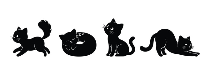 Four black cat silhouettes in different poses on a white background