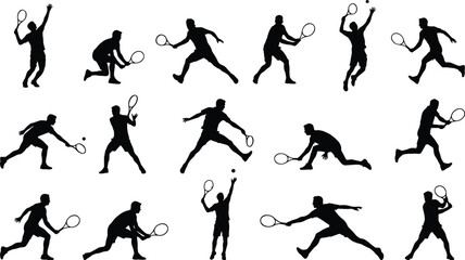 Male Tennis Player Silhouettes Set Serving and Hitting Balls for Professional Sports, Competition, and Athletic Training Vector