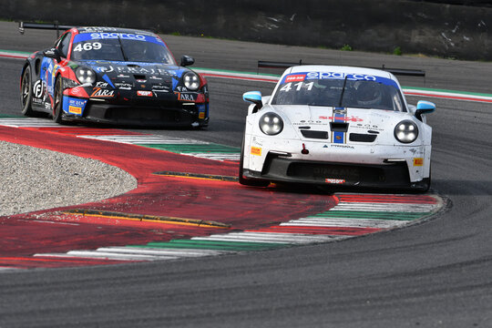 Scarperia, Italy - September 14th 2025: Porsche 911 GT3 Cup (992) of team SP RACING drive by Russo - Piria in action during Italian Championship GT Endurance race event at Mugello Circuit.