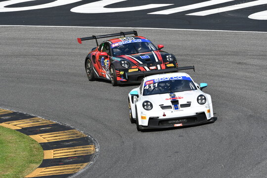 Scarperia, Italy - September 14th 2025: Porsche 911 GT3 Cup (992) of team SP RACING drive by Russo - Piria in action during Italian Championship GT Endurance race event at Mugello Circuit.