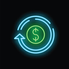 Bright neon green dollar sign rotating inside a bright blue circle with motion lines on a black background