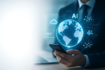 Modern business technology with holographic world digital map and AI connected cloud computing system for global analytics solutions