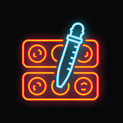Neon sign representing a pipette analyzing samples in petri dishes, evoking scientific research and laboratory analysis