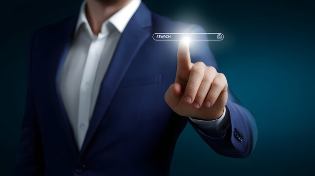 Businessman Searching Online with Virtual Search Bar Interface - Powered by Adobe