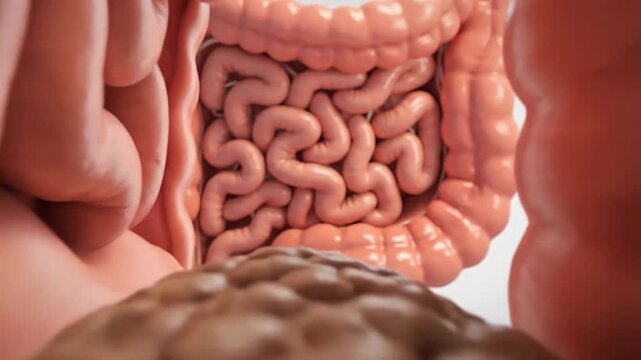 Anatomical view of the human digestive system showing intestines and intestinal contents