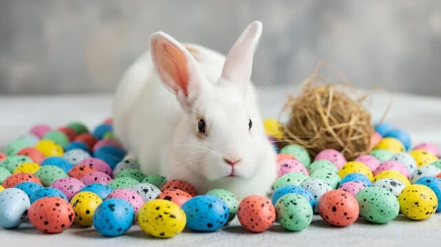 Easter Bunny in a colorful setting: A pristine white bunny surrounded by a vibrant collection of speckled Easter eggs and a small nest, all set in a bright and lively scene. A symbol of rebirth.