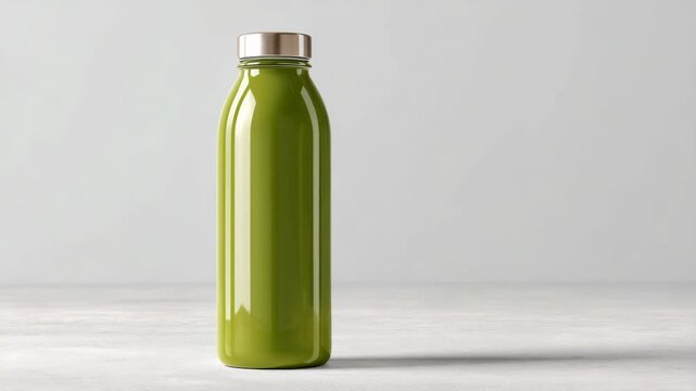 Green juice bottle with metallic lid placed upright, minimalistic style, on a light wooden surface background, concept of healthy drink packaging