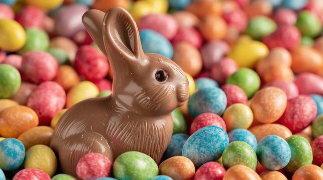 Chocolate easter bunny surrounded by colorful candy eggs