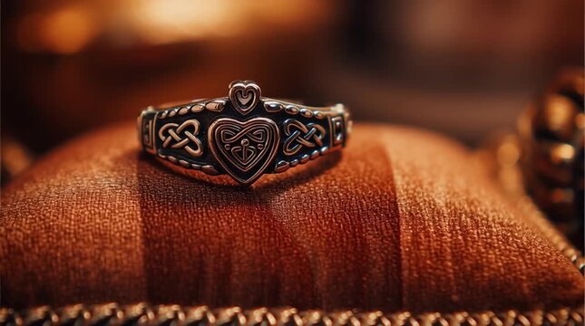 Ornate celtic knot heart ring on velvet cushion, antique jewelry closeup