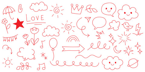 hand drawn doodle elements collection.  vector illustration with speech bubbles, arrows, stars, hearts and decorative lines on white background.