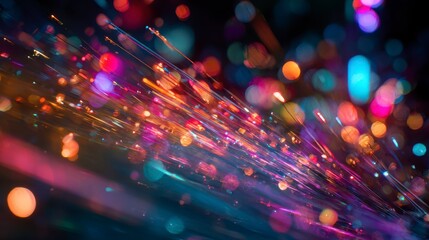 Close-up view of brightly colored fiber optic strands illuminated with bokeh effect, creating a vibrant, abstract display