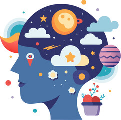 Flat vector illustration of a human head with surreal, floating dream elements (stars, clouds, crescent moon) inside, subconscious mind, white background.