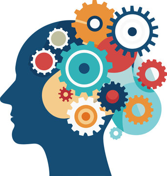 Flat design vector showing gears and cogs turning inside a human head profile, symbolizing process and learning, smooth gradients, white background.