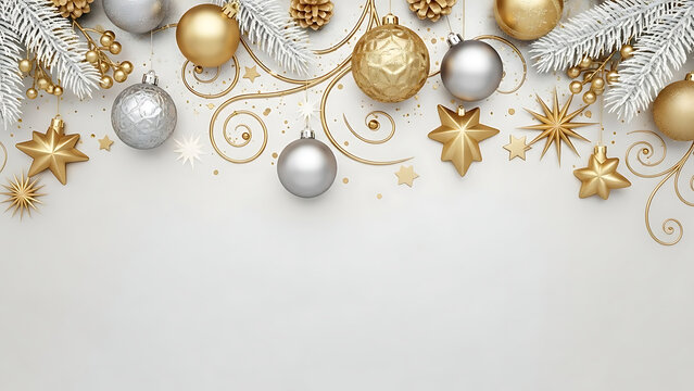 Festive Christmas Decorations with Gold and Silver Ornaments Hanging on White Pine Branch Background, Holiday Graphic Design, Top View