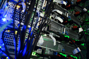 Servers with Cables and Lights in Data Center