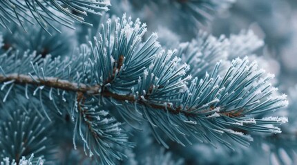 Closeup of frost covered blue spruce tree needles in winter