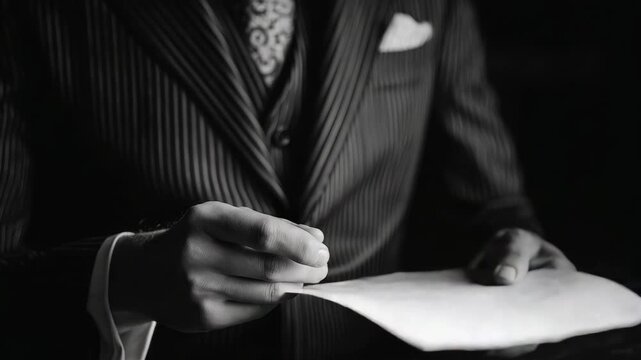 Close-up of a man in a pinstripe suit reading a handwritten letter, captured in black and white on a dark background, concept of secrecy
