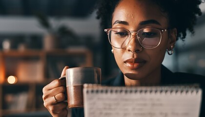 Writer with Glasses and Coffee. Beautiful Black Woman Portrait