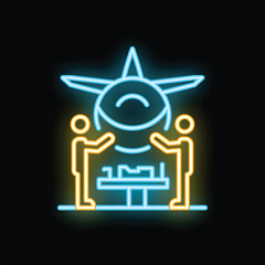 Neon sign depicting two travel agents discussing travel plans under airplane, a concept for travel agencies