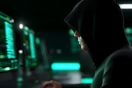 Anonymous hacker in dark hoodie working on computer in green lit room at night. - Powered by Adobe