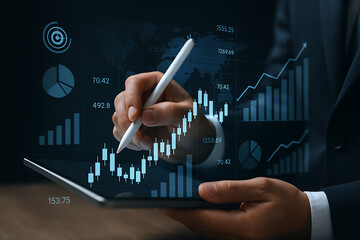 Modern financial technology concept showing business analytics on tablet with futuristic stock market graphs and data insights