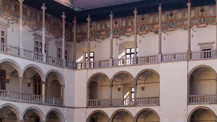 Balconies in the palace courtyard. Walls with balconies inside the palace courtyard