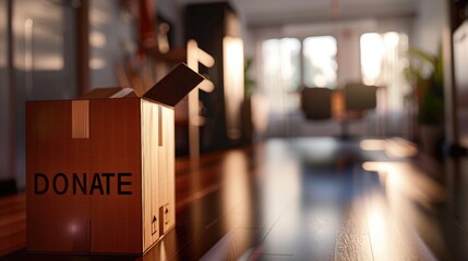 Donation box in sunlit room with open flaps for charity contributions