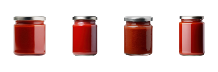 Glass Jars Of Tomato Sauce Set. Culinary Ingredients And Food Preservation Collection Isolated On Transparent Background