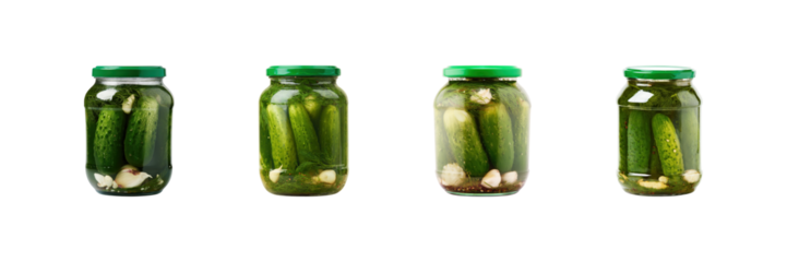Jars Of Pickled Cucumbers With Garlic Set. Homemade Preserved Food Collection Isolated On Transparent Background