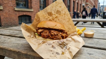 Gourmet pulled pork sandwich on picnic table