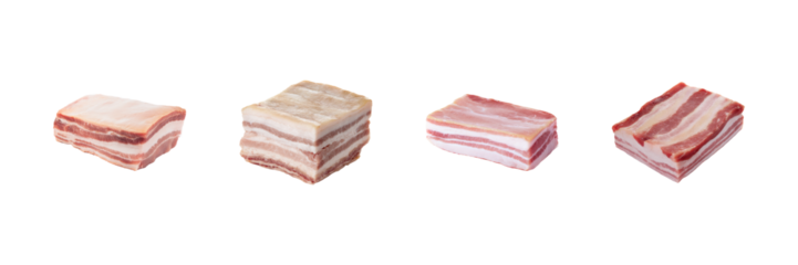Assorted Raw Pork Belly Cuts Set. Culinary Ingredient And Cooking Preparation Collection Isolated On Transparent Background