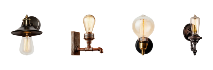 Vintage Industrial Wall Sconce Lighting Set. Retro Home Decor And Interior Design Collection Isolated On Transparent Background