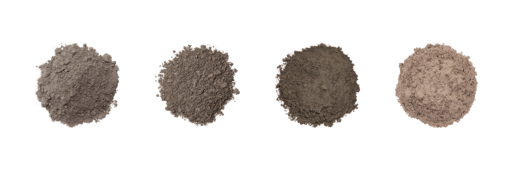 Four Varieties Of Soil Samples Set. Earth Composition And Analysis Collection Isolated On Transparent Background