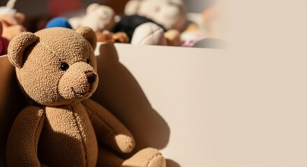 A fluffy brown teddy bear sits inside a cardboard box overflowing with colorful toys and plastic balls. This heartwarming image is perfect for toy store ads, charity drives, or nursery decor projects.