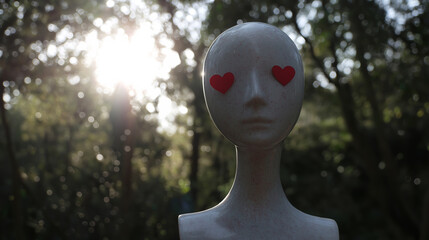 Mannequin head featuring red heart stickers covering its eyes, symbolizing themes of romance, emotion, and the idealized self