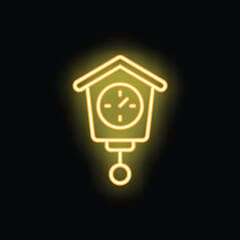 Yellow neon sign of a cuckoo clock striking midnight on a black background