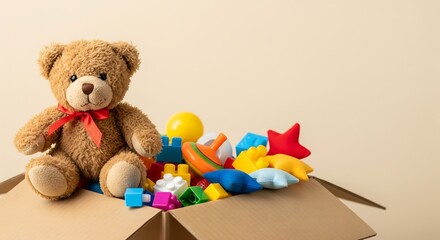 A fluffy brown teddy bear sits inside a cardboard box overflowing with colorful toys and plastic balls. This heartwarming image is perfect for toy store ads, charity drives, or nursery decor projects.
