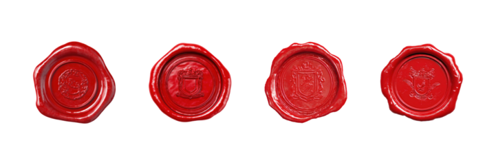 Red Wax Seal Emblems Set. Vintage Authenticity And Heritage Collection Isolated On Transparent Background