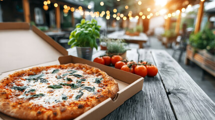 Freshly baked pizza packaging for takeout on a wooden outdoor restaurant table, highlighting summer dining and food delivery