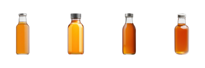 Glass Bottles With Amber Liquid Set. Beverage Packaging And Design Collection Isolated On Transparent Background