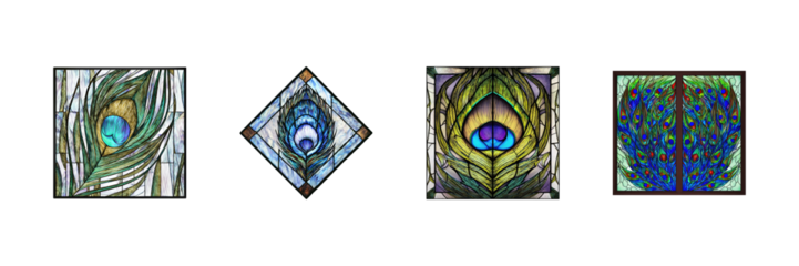 Stained Glass Peacock Feather Art Set. Elegant Decorative Window Panels Collection Isolated On Transparent Background