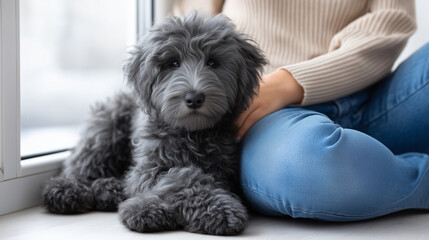 Dog sitting next to owner in calm environment, companionship and loyalty concept, peaceful everyday lifestyle scene, natural light, realistic commercial photography, minimal clean