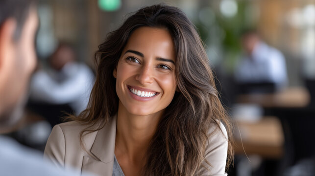 Confident smiling woman talking to colleague during business interview or meeting, modern corporate office background, professional interaction concept, realistic stock photography