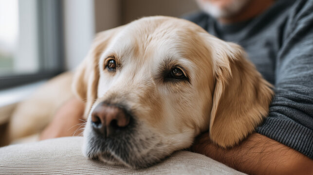 Dog sitting next to owner in calm environment, companionship and loyalty concept, peaceful everyday lifestyle scene, natural light, realistic commercial photography, minimal clean