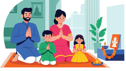 Flat vector illustration of a Hindu family praying together at home, devotion and togetherness theme, ideal for family faith and religious lifestyle content