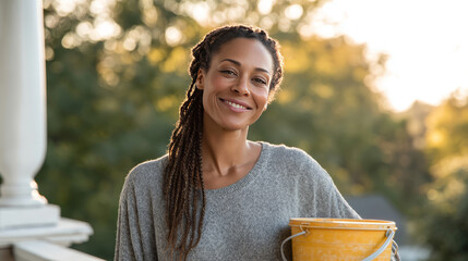 African American woman smiling, holding yellow bucket outdoors, concept of gardening and home improvement