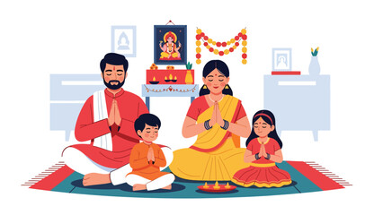 Flat vector illustration of a Hindu family praying together at home, devotion and togetherness theme, ideal for family faith and religious lifestyle content