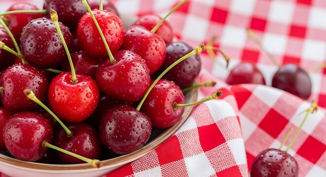Freshly picked bright red cherries covered in cooling water droplets resting in a bowl upon a checkered cloth