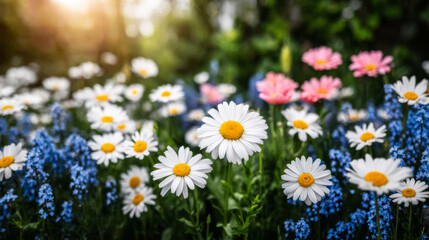 Wildflowers growing in a sunlit meadow, showing charming daisies, blue grape hyacinths, and pink cosmos creating a colorful nature scene