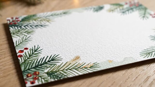 Festive greeting card with evergreen and berry design on wooden surface